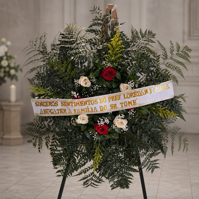 COROA FUNEBRE COM ROSAS BRANCAS E VERMELHAS