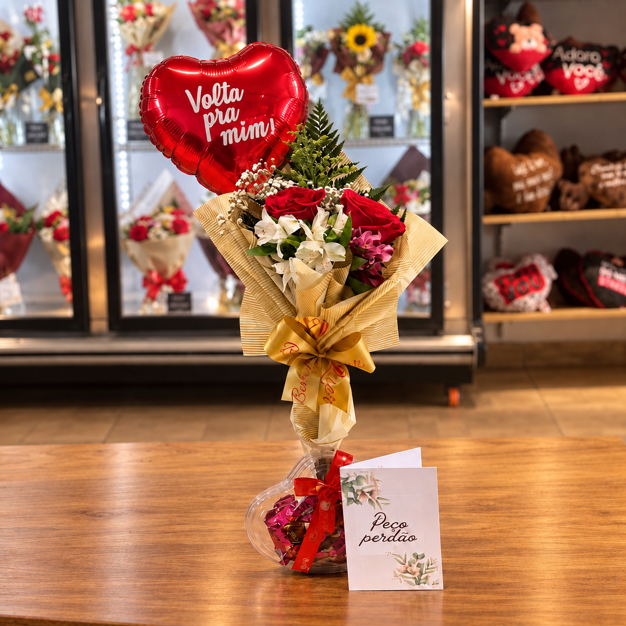 Combo Reconciliação- Buquê de 2 rosas+ Balão P+ Cartão+ Sonho de Valsa
